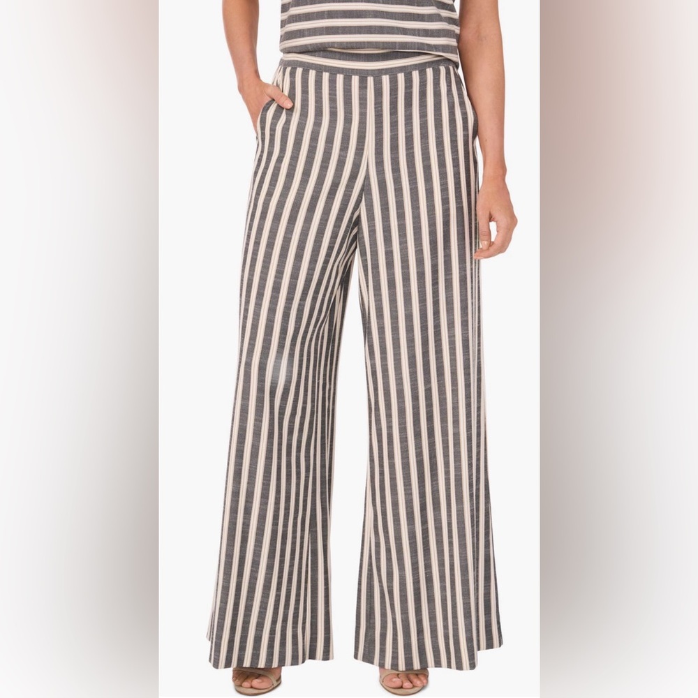 Vince Camuto Wide Leg Striped Pants Gray & Cream/Tan Flowy Pull-On Style Size S
